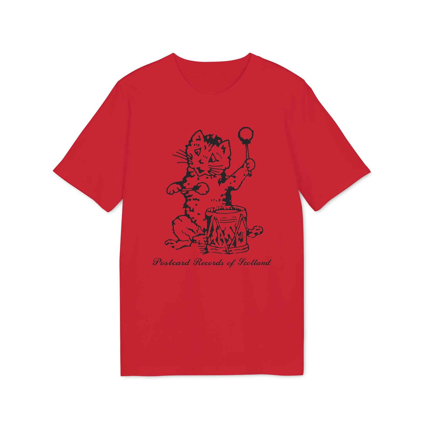 Red t-shirt with black line drawing of a cat playing a drum with text "Postcard Records of Scotland".