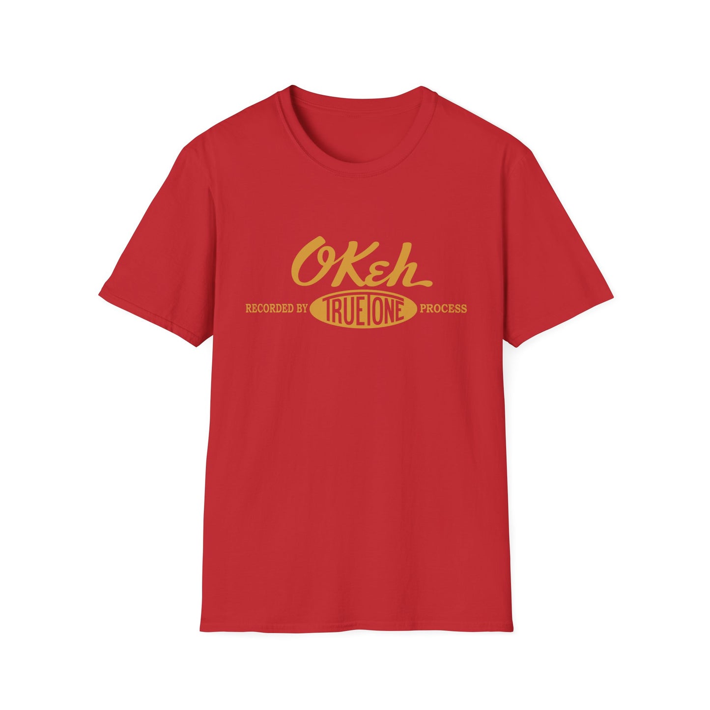 Red t-shirt with yellow "Okeh Recorded by TrueTone Process" text.