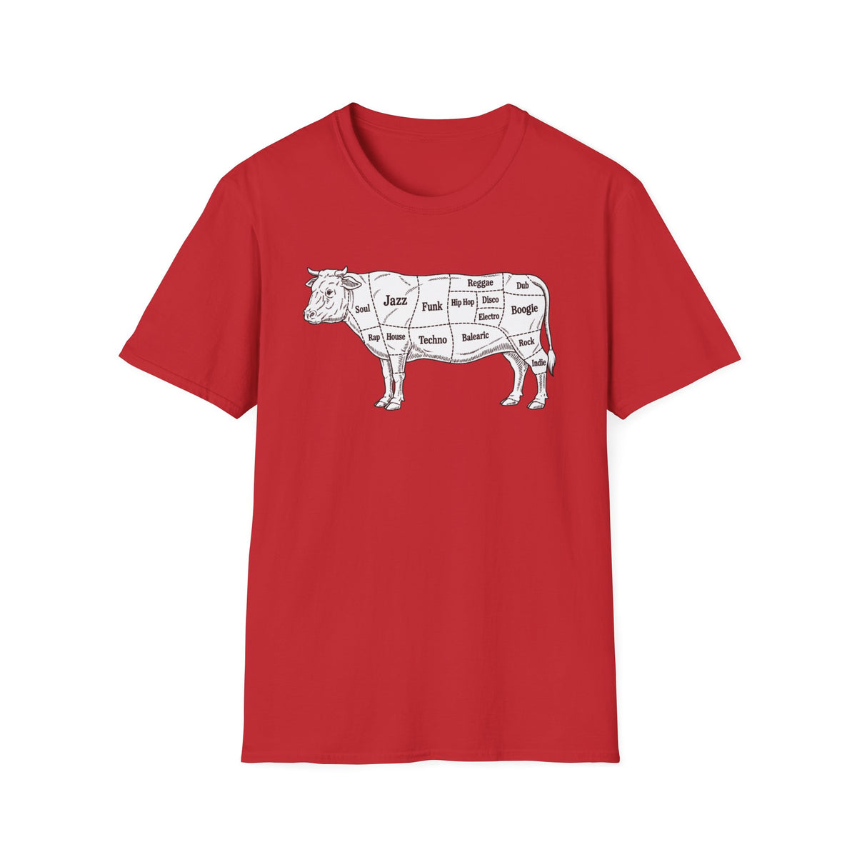 Red t-shirt with a diagram of a cow labeled with music genres.