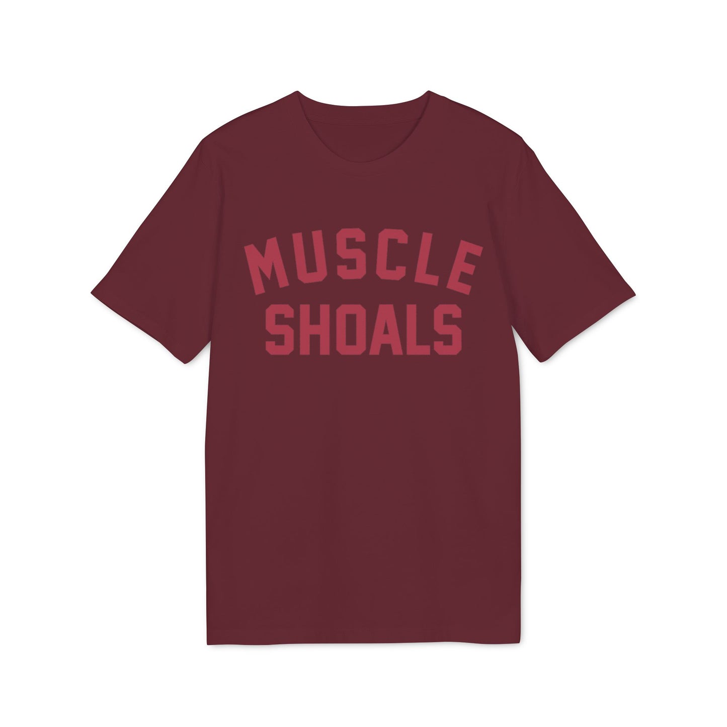 Maroon t-shirt with maroon text that reads "MUSCLE SHOALS" in a collegiate font.