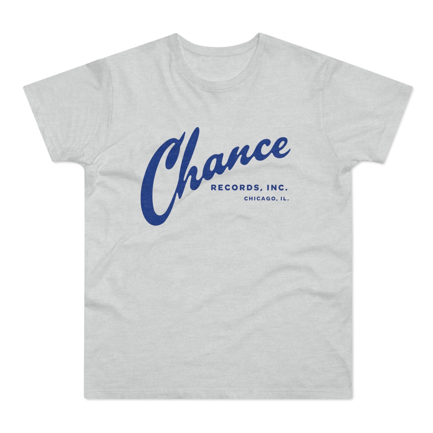 Light gray t-shirt with a blue Chance Records Inc. Chicago, IL logo.
