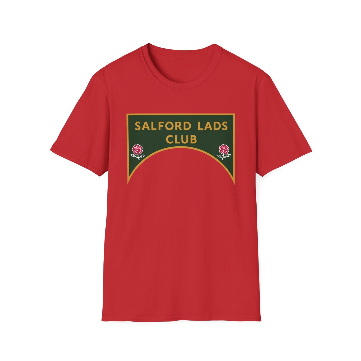 Red t-shirt with a green and gold "Salford Lads Club" logo and roses.