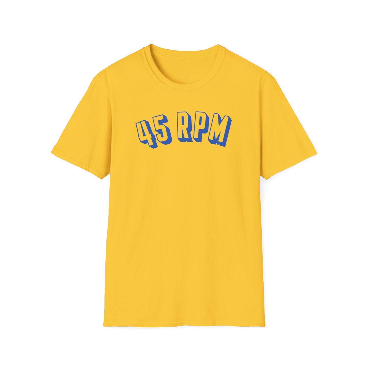 Yellow t-shirt with "45 RPM" in blue outlined letters.