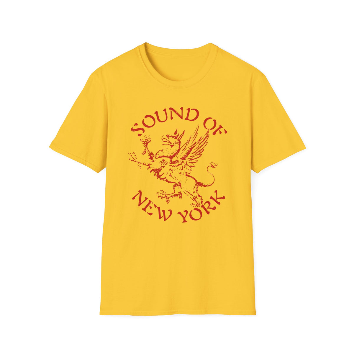 Yellow t-shirt with red "Sound of New York" text and griffin graphic.