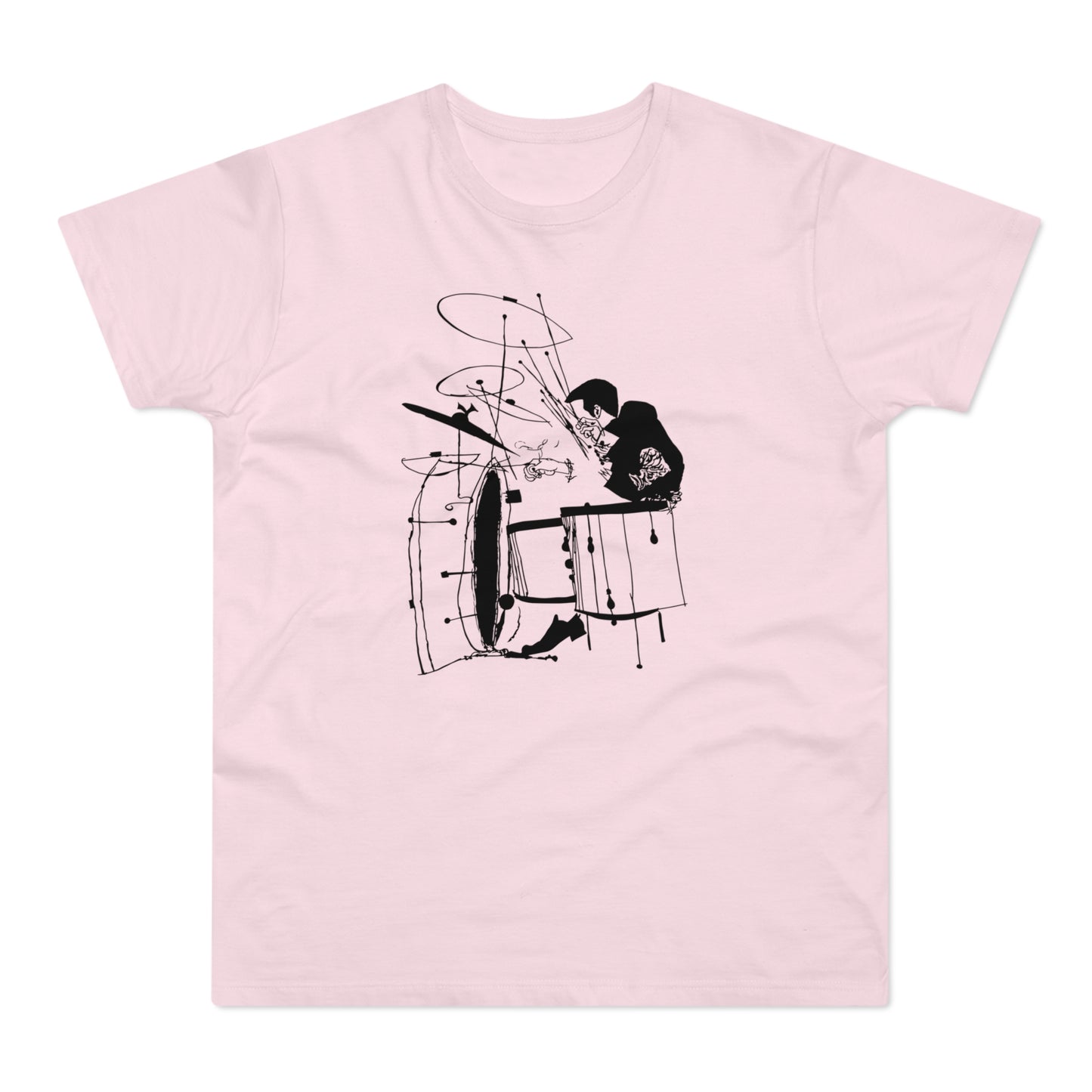 Black illustration of a drummer on a pink t-shirt.