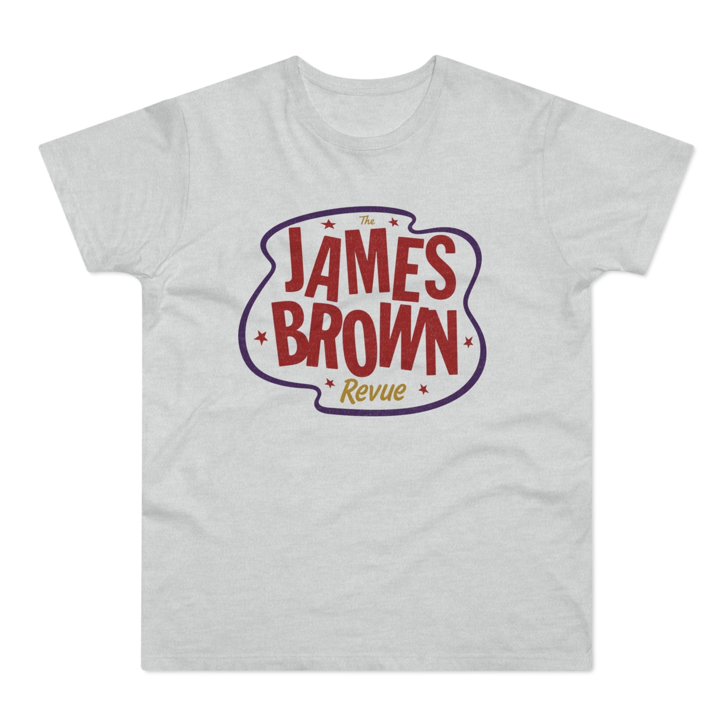 Light gray t-shirt with a purple outline around red text "The James Brown Revue".