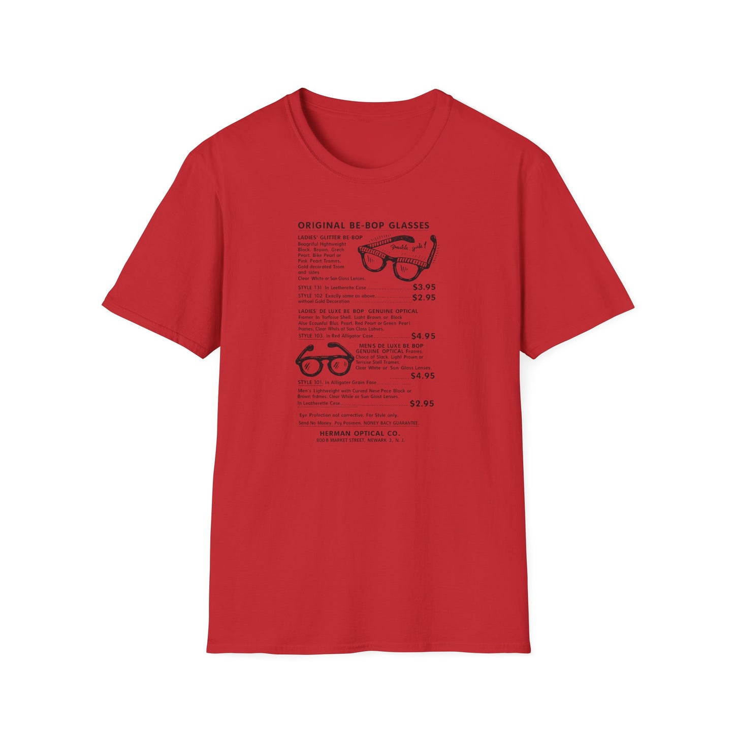 Red t-shirt featuring a graphic of "Original BE-BOP Glasses" styles and prices.
