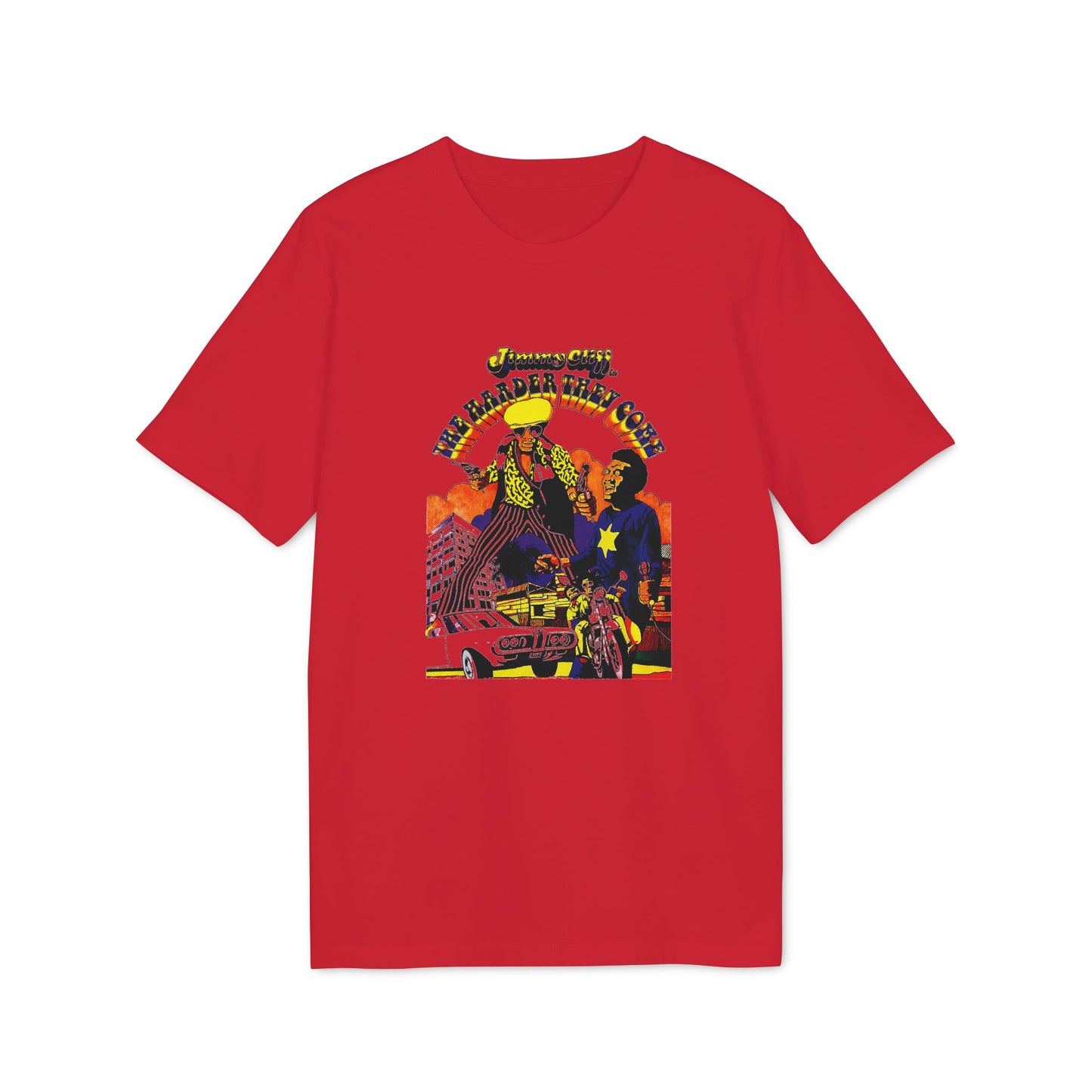 Red t-shirt with graphic of Jimmy Cliff and text "THE HARDER THEY COME."