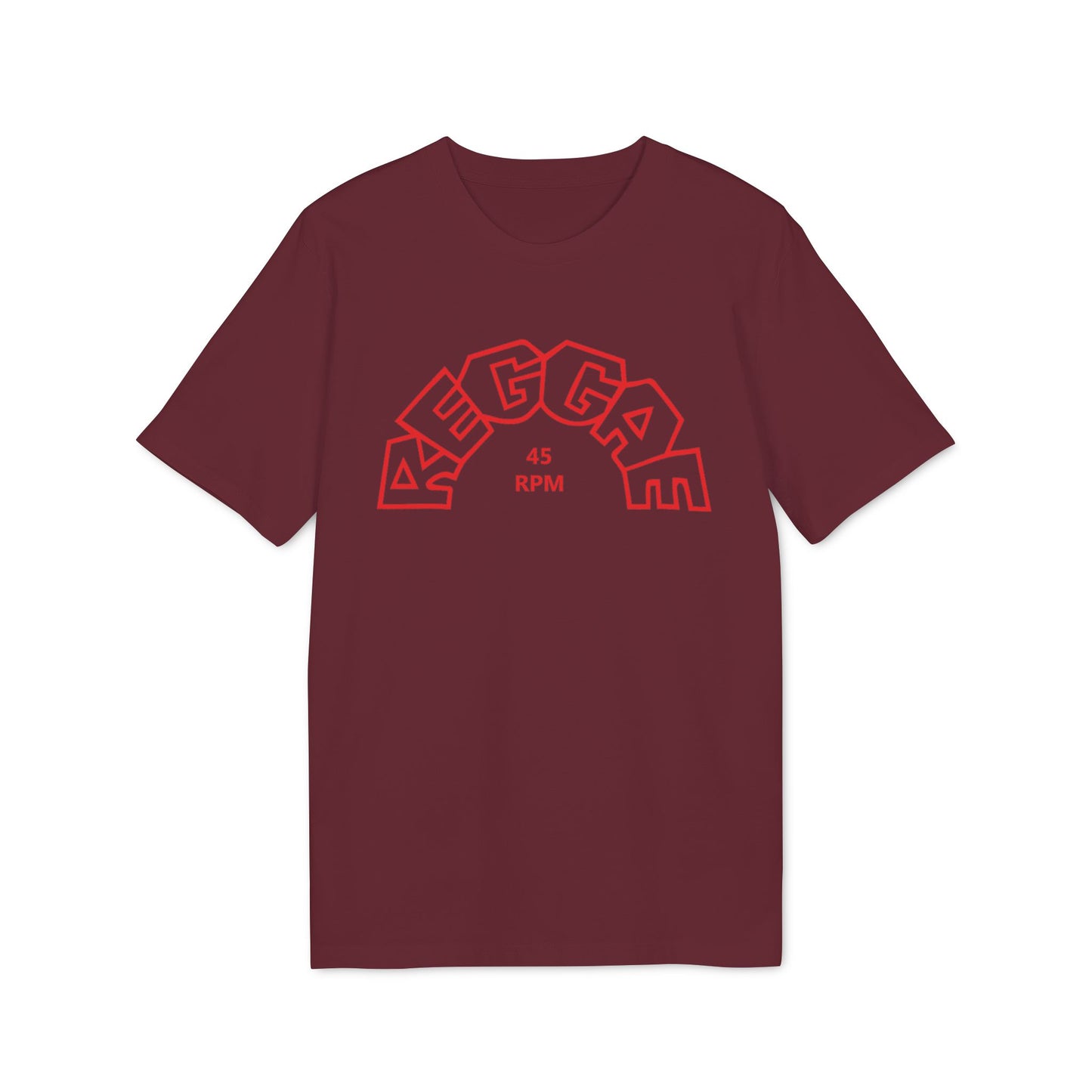 Burgundy t-shirt with red "REGGAE" text and "45 RPM" detail.