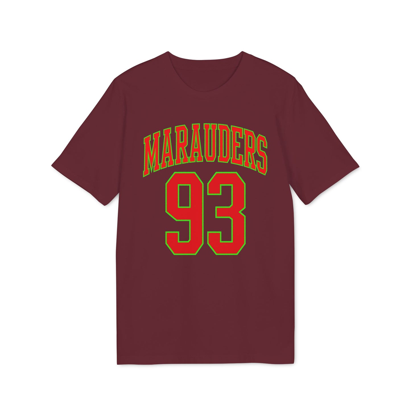 Maroon t-shirt with "Marauders 93" in red and green lettering.