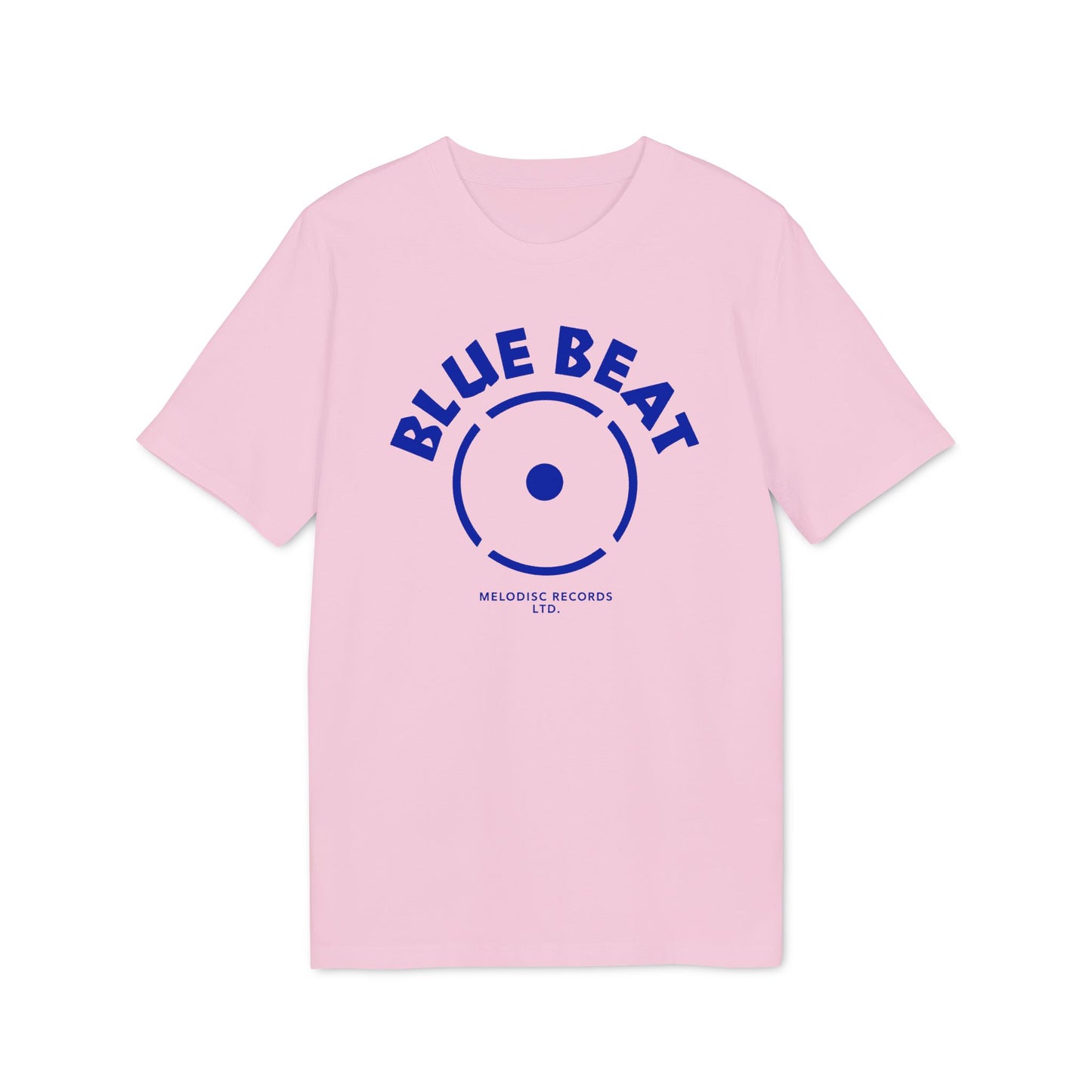 Pink t-shirt with blue "BLUE BEAT MELODISC RECORDS LTD." graphic.