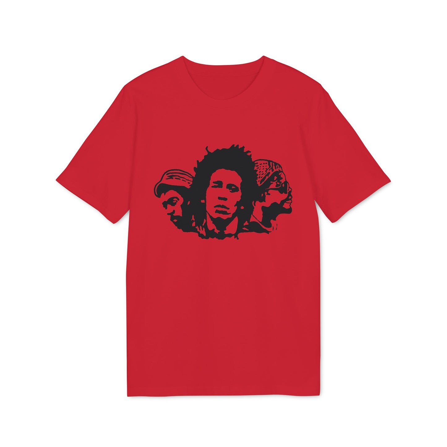 Red t-shirt with black silhouette stencil of three facing heads, centered.