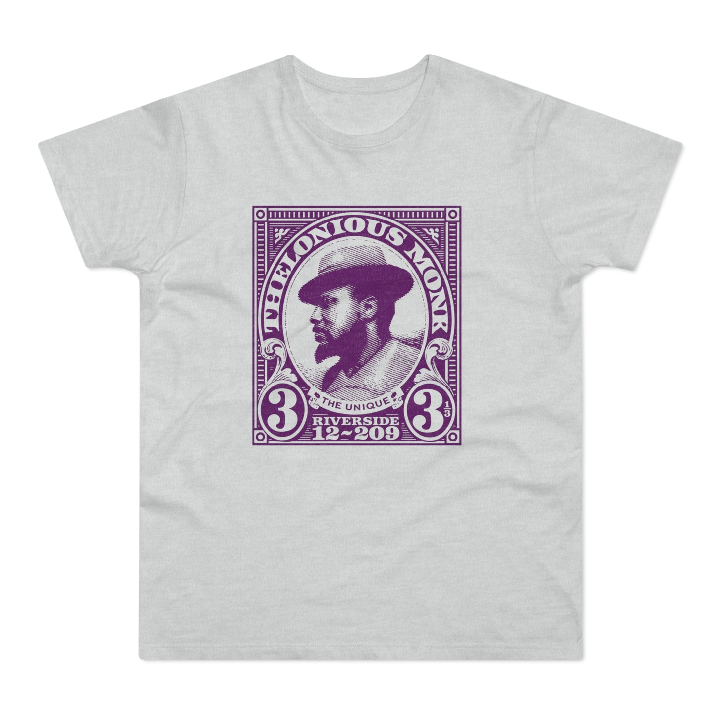Thelonious Monk portrait inside a framed design on a gray t-shirt.