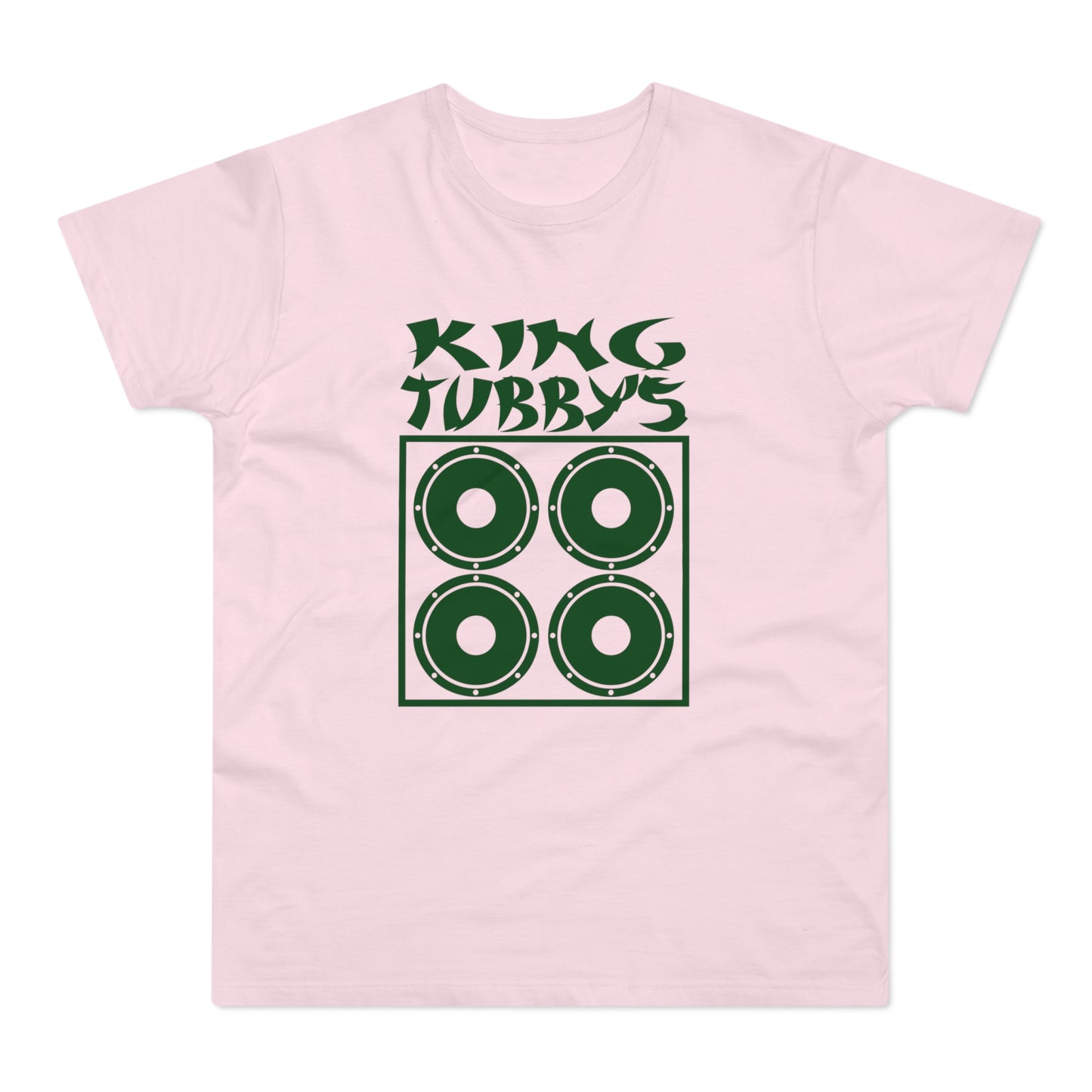 Pink t-shirt with green text "KING TUBBY'S" and four speaker graphic.