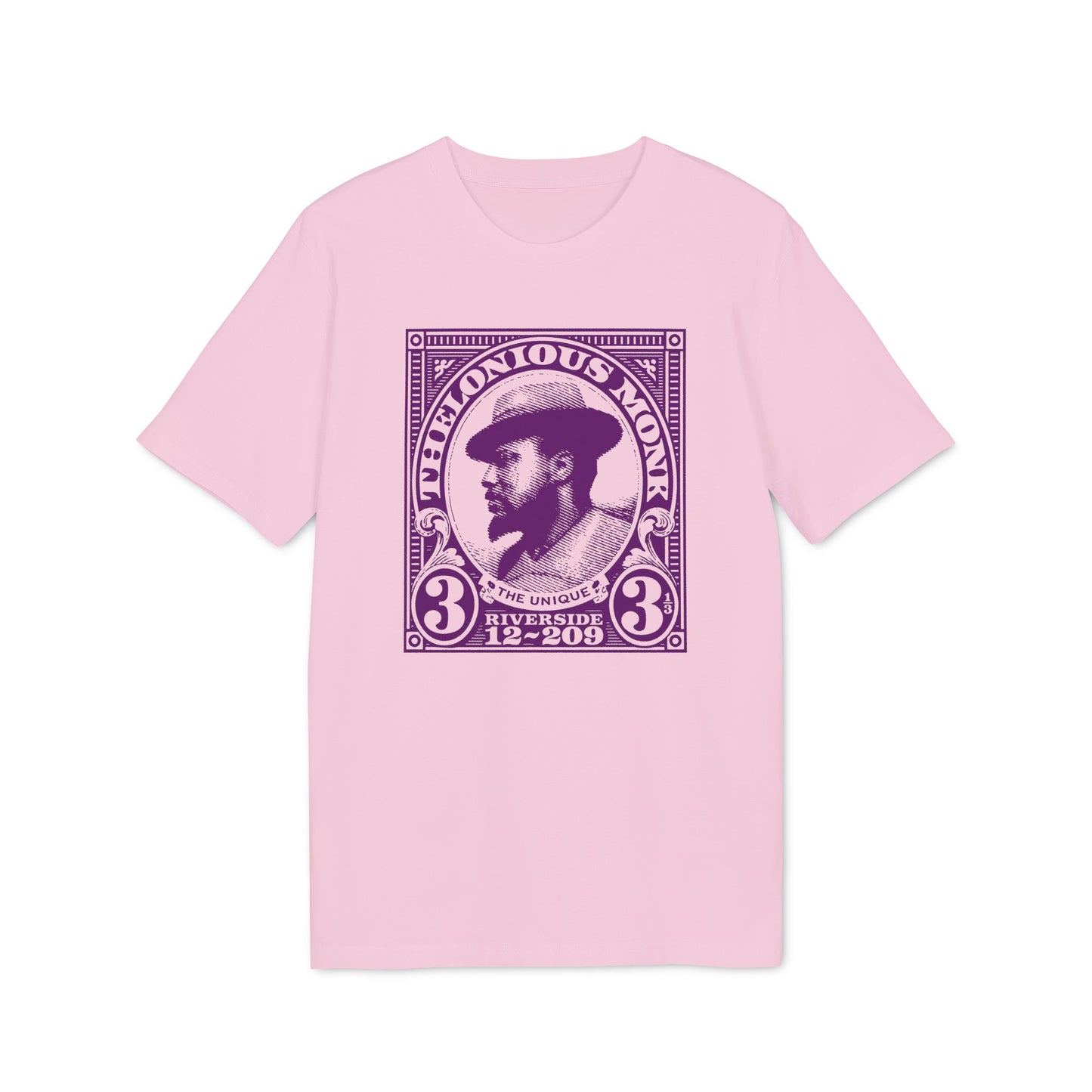 Thelonious Monk portrait on a pink t-shirt with stamp design details.