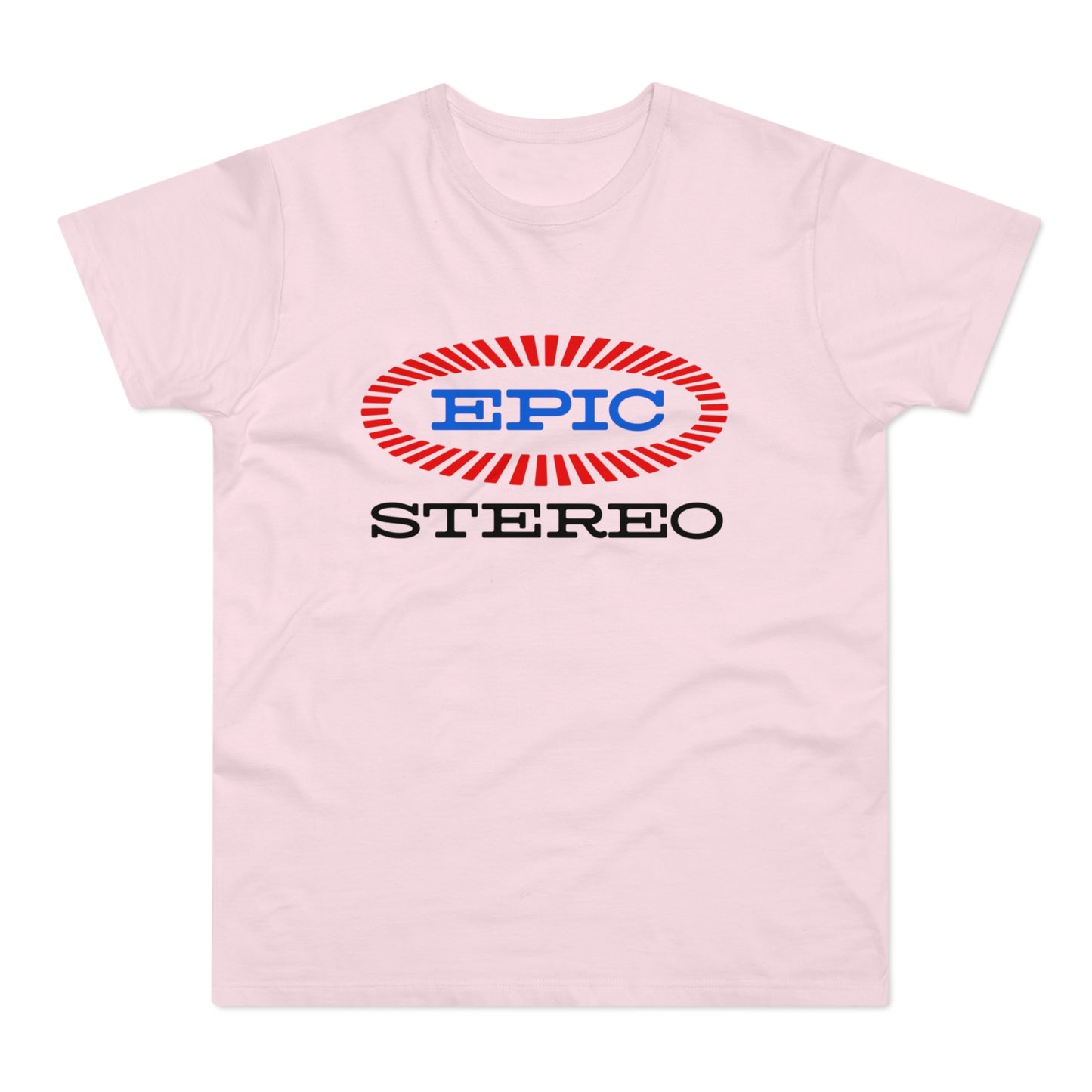 Pink t-shirt with "EPIC STEREO" logo in blue and red.