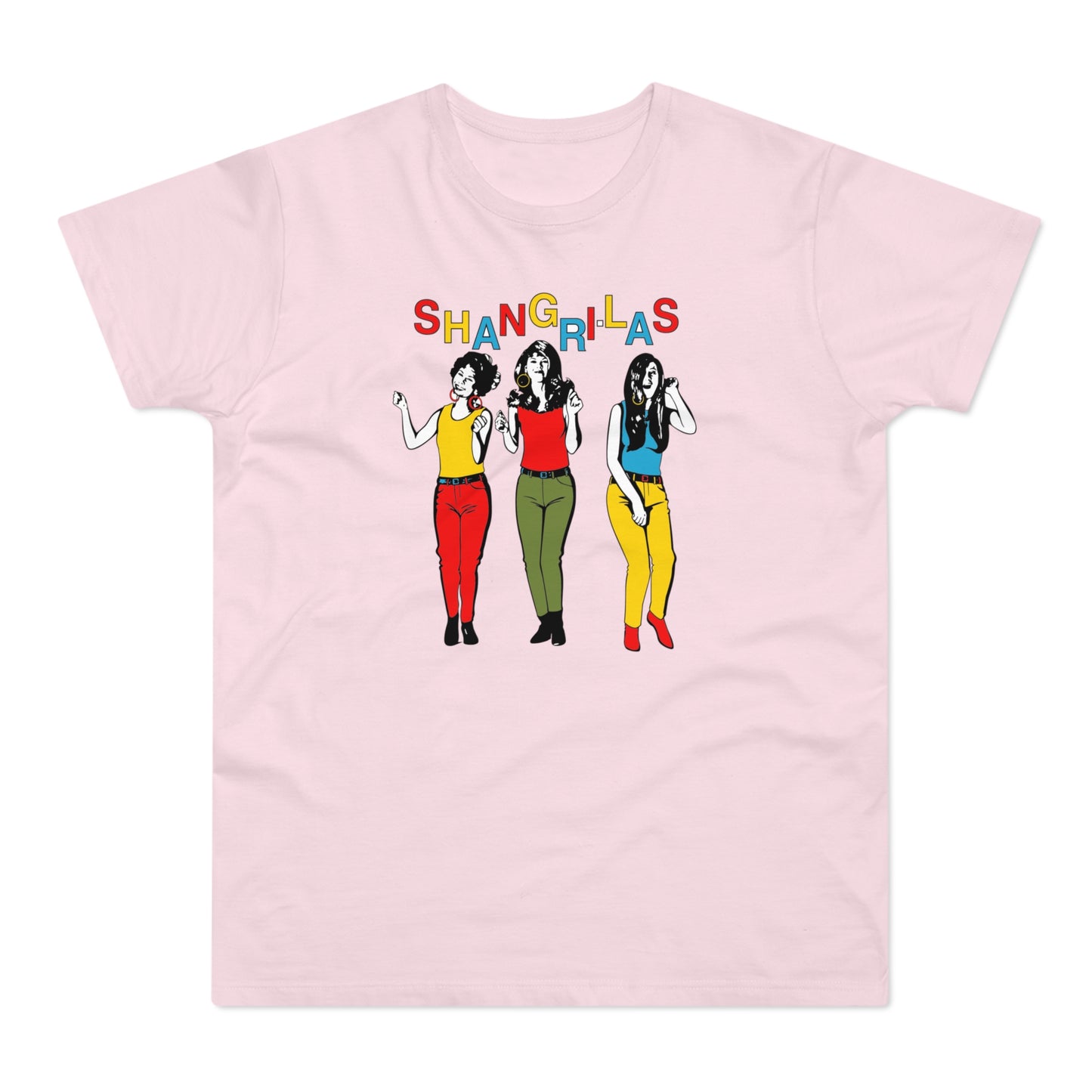 Shangrilas text and illustration of three dancing women on a pink t-shirt.