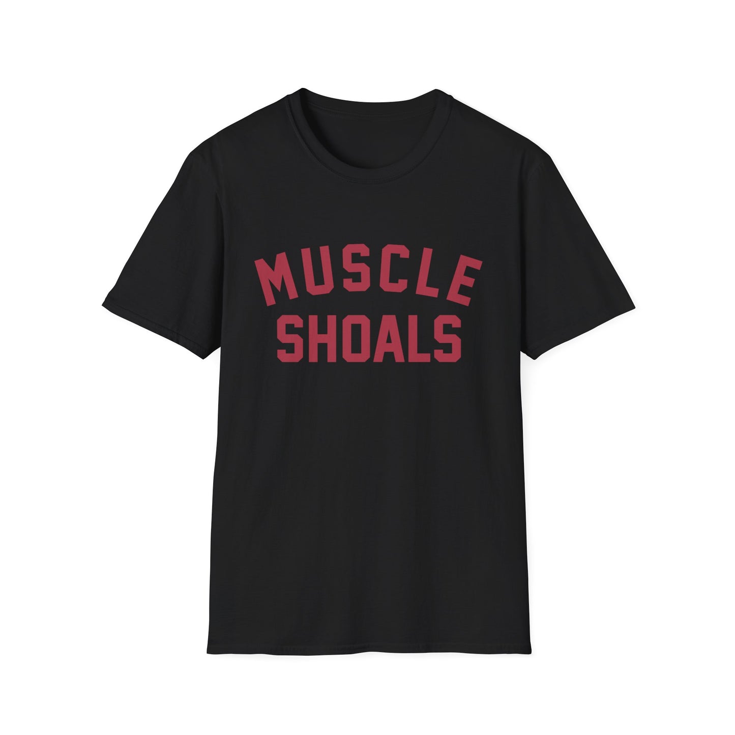 Black t-shirt with red text that says "MUSCLE SHOALS"