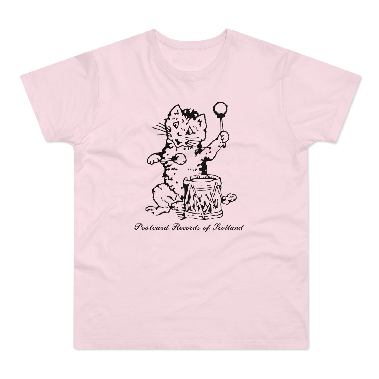 Black and white drawing of a cat with drumsticks and a drum on a pink t-shirt.