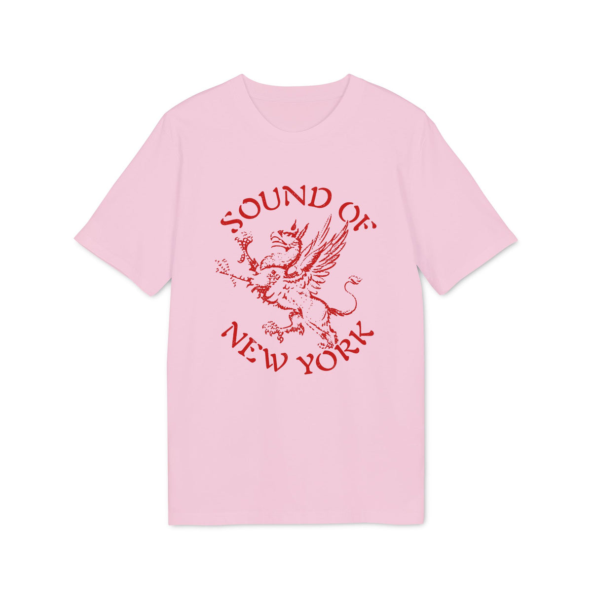 A light pink short-sleeve t-shirt with a red graphic of a griffin and the text Sound of New York.