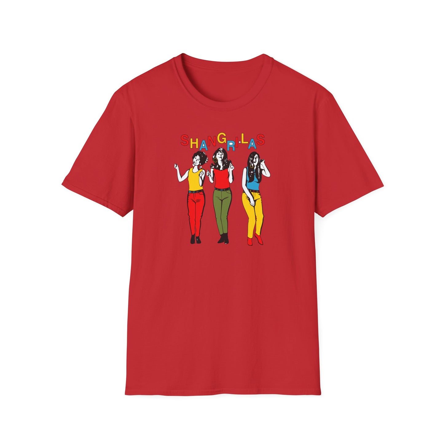 Red t-shirt with colorful "Shangri-Las" text and illustration of three women.