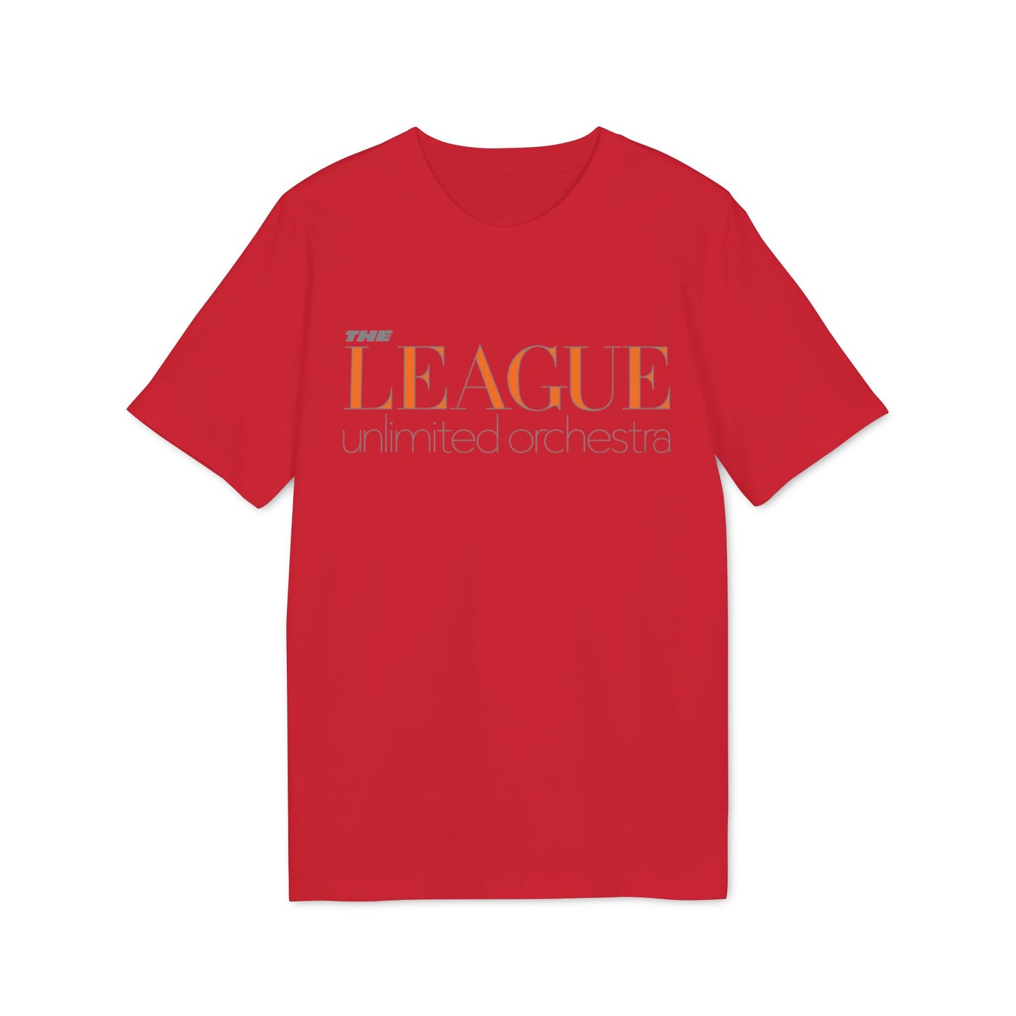 Red t-shirt with "THE LEAGUE unlimited orchestra" text in orange and gray.