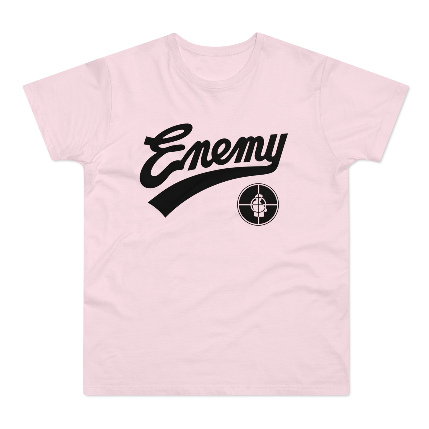 Pink t-shirt with black \"Enemy\" text and a target logo.