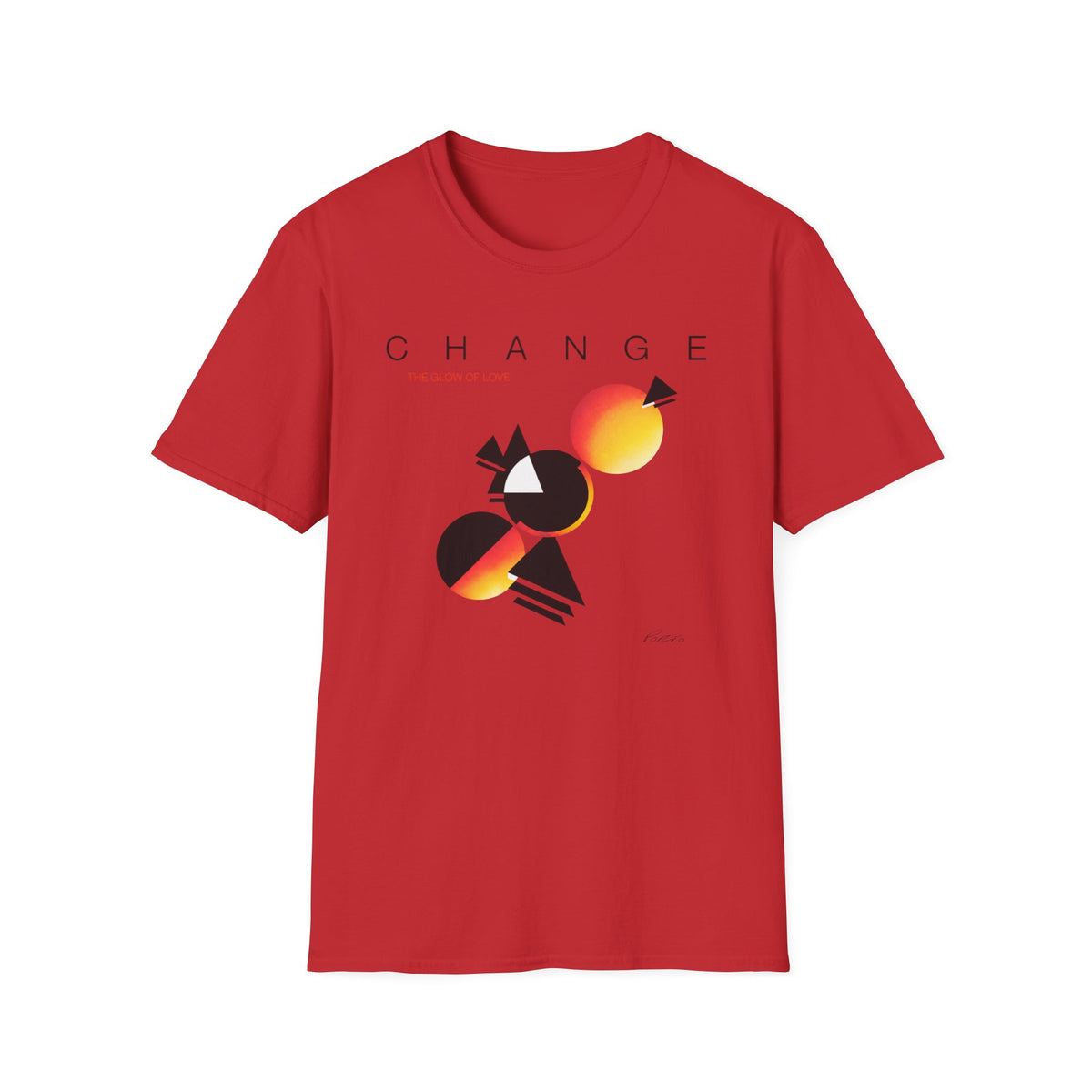 Red t-shirt with black text "CHANGE" and abstract geometric graphic.