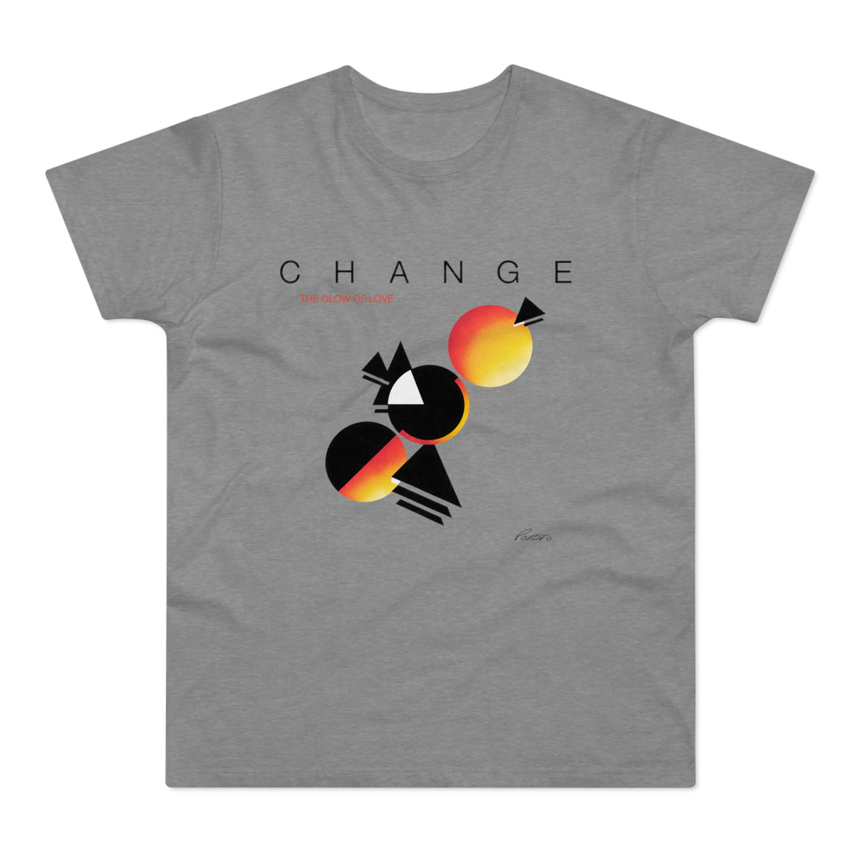 Grey t-shirt with "CHANGE" and abstract geometric graphics.