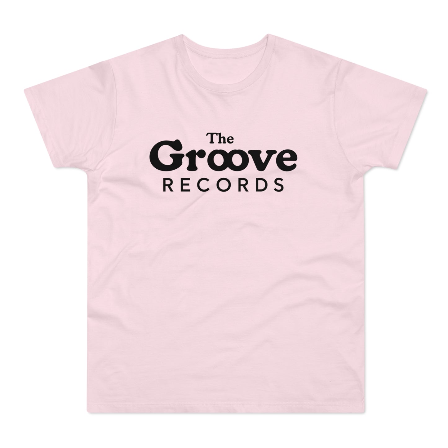 Pink t-shirt with black text "The Groove Records" logo.