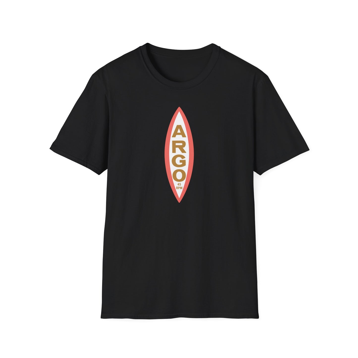 Black t-shirt with a vertical oval graphic featuring the word "ARGO" and "45 RPM".
