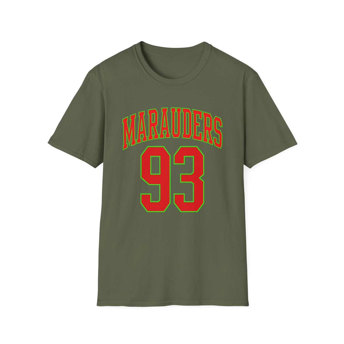 Olive green t-shirt with red "MARAUDERS 93" text outlined in green.
