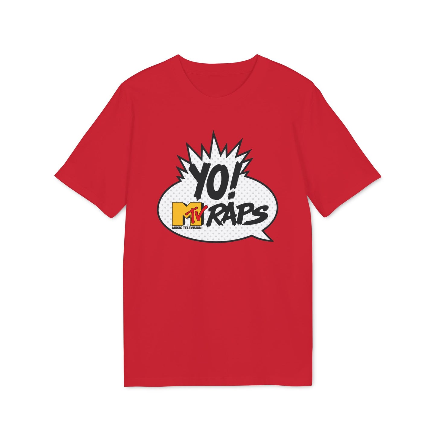 Red t-shirt with Yo! MTV Raps pop art graphic in a speech bubble.