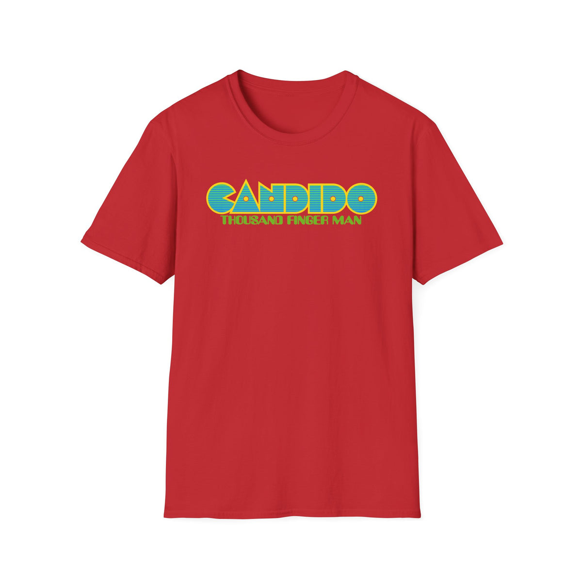 Red t-shirt with blue and yellow "CANDIDO THOUSAND FINGER MAN" text.
