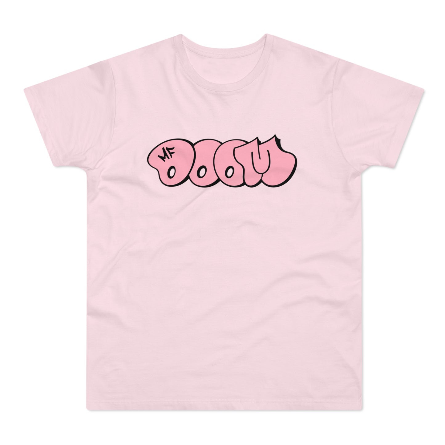 Pink t-shirt with pink bubble lettering spelling "MF DOOM".