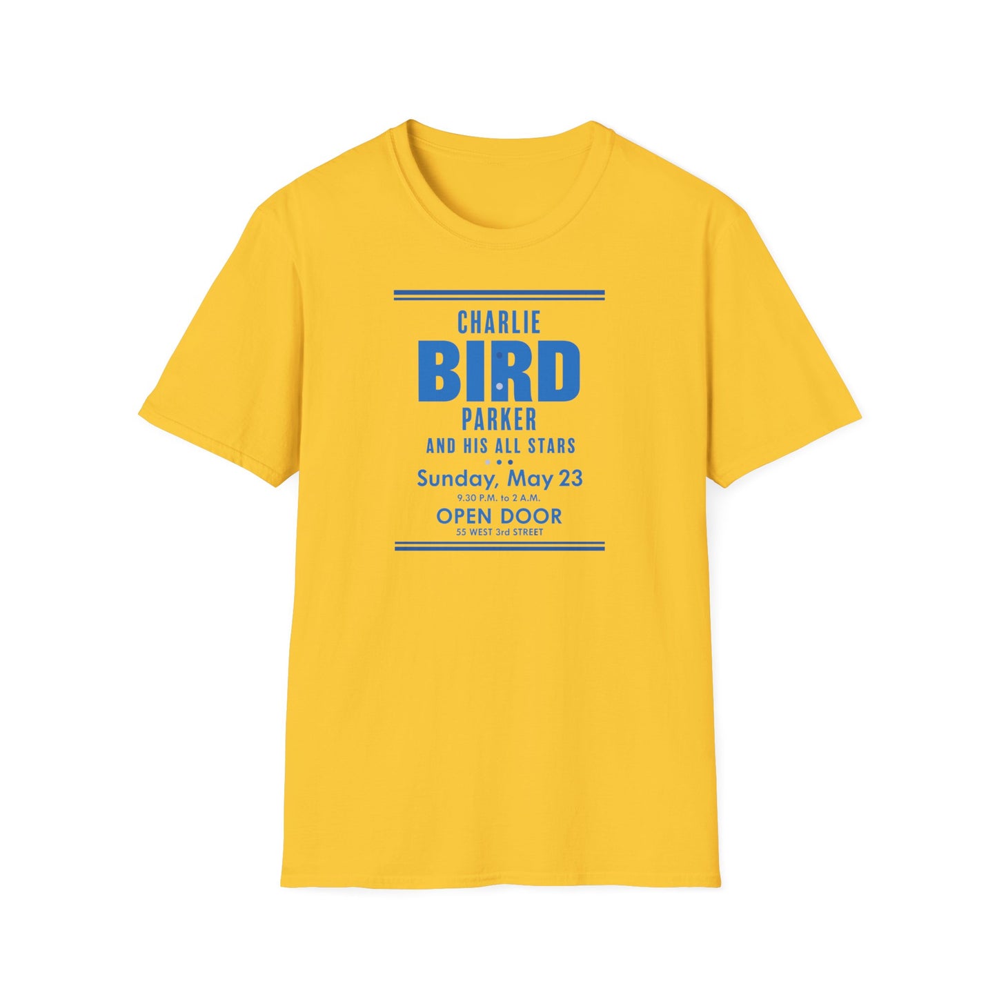 Yellow t-shirt with blue text "Charlie Bird Parker and His All Stars OPEN DOOR 55 West 3rd Street"