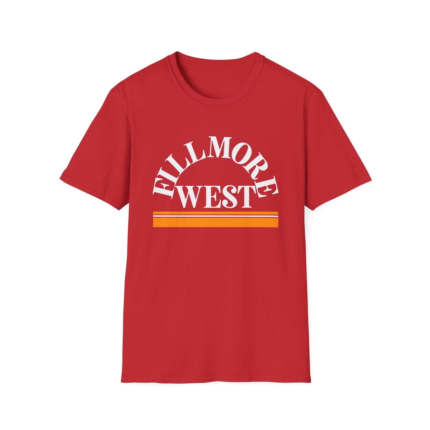 Red t-shirt with "Fillmore West" graphic and striped design.