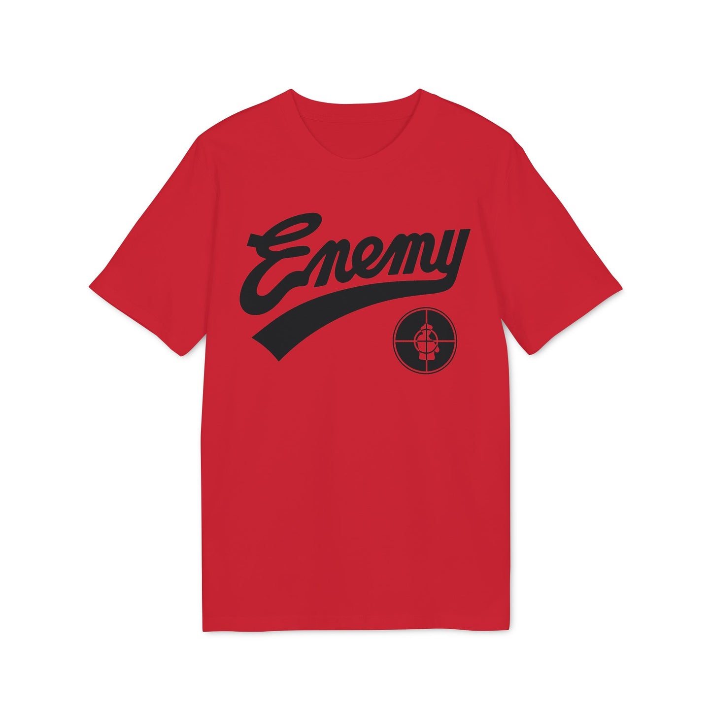 Red t-shirt with black "Enemy" text and target logo.