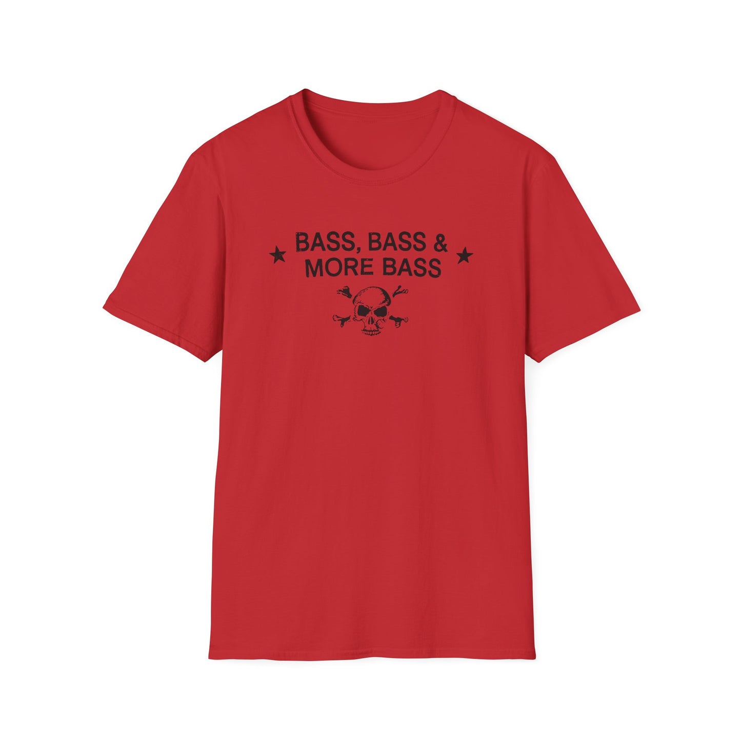 Red t-shirt with black text "BASS, BASS & MORE BASS" and skull design.