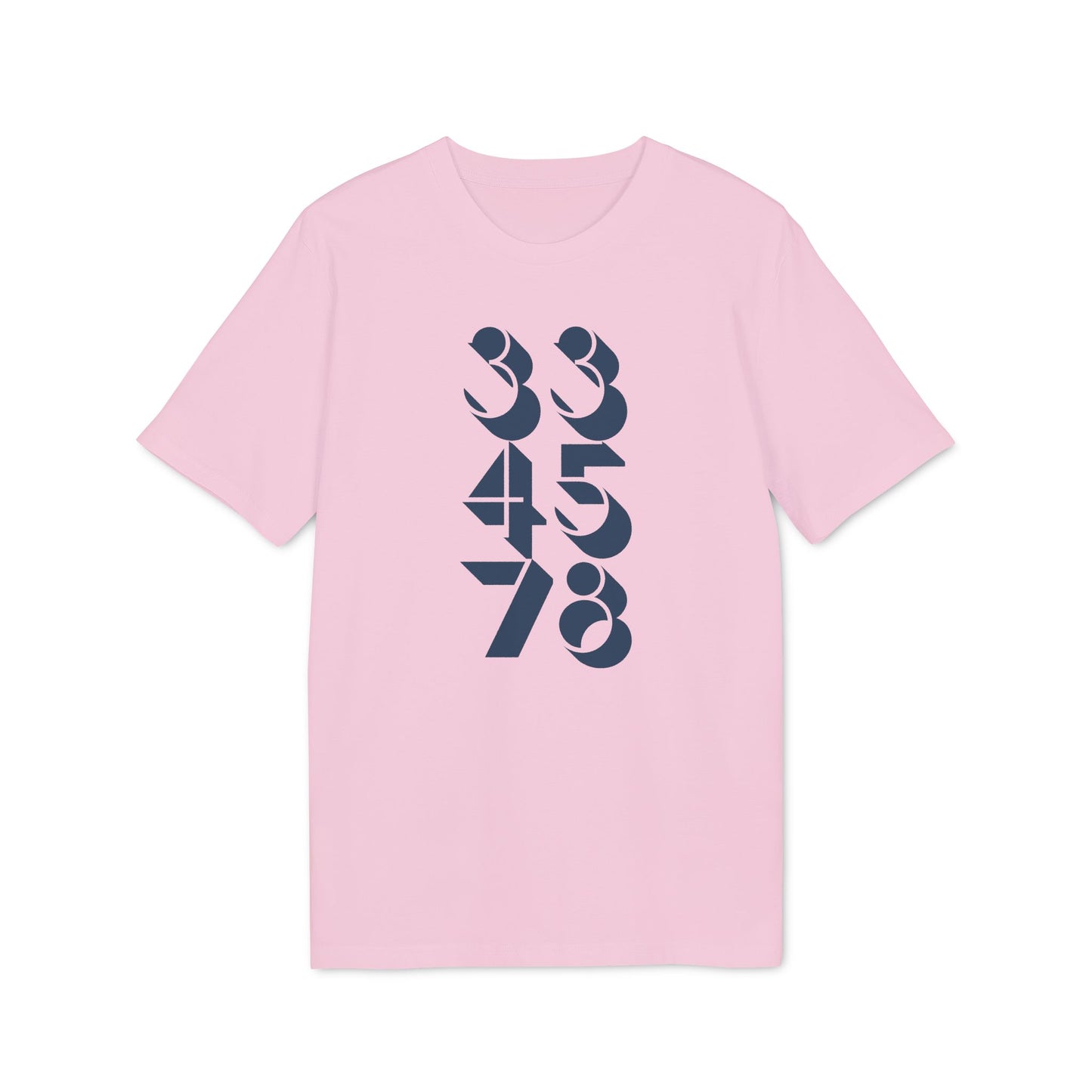 Pink t-shirt with navy blue numbers 334578 graphic on front.