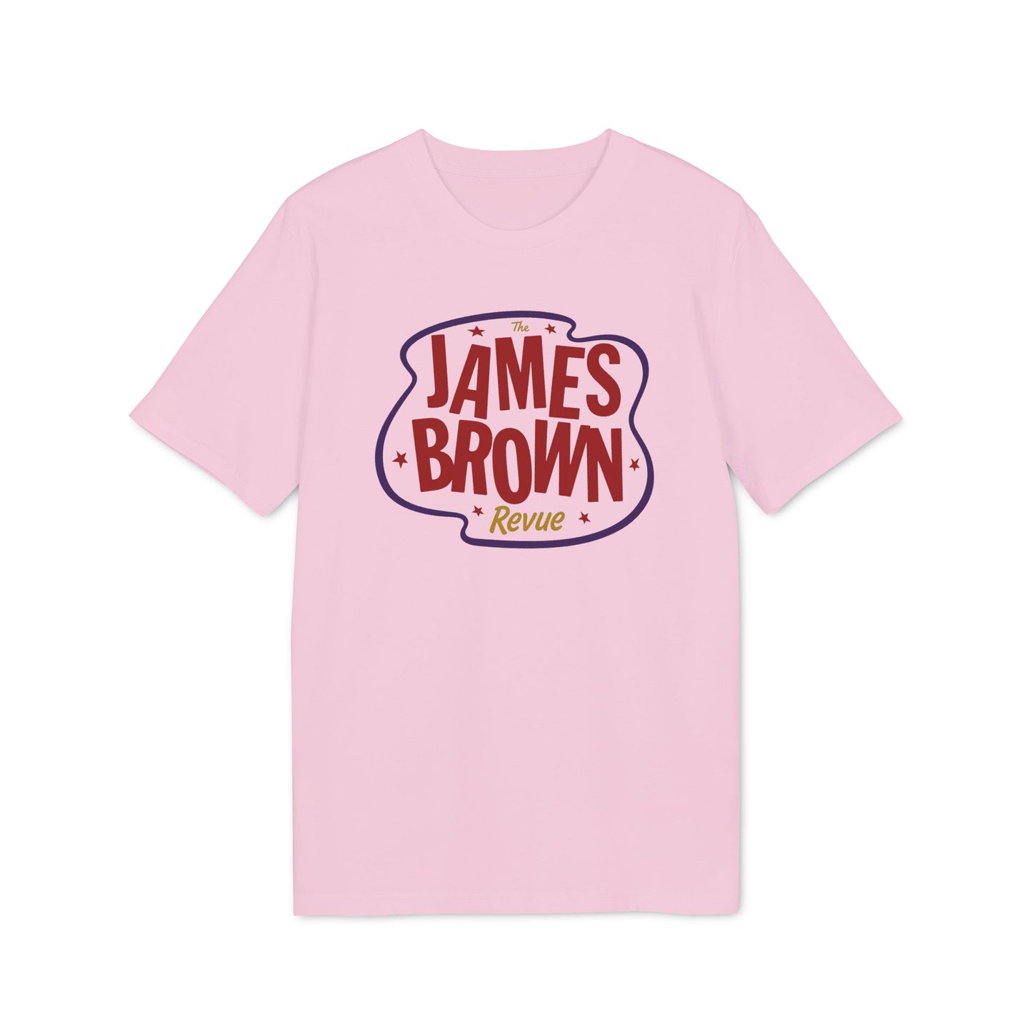 Pink t-shirt with "The James Brown Revue" graphic in curved text.