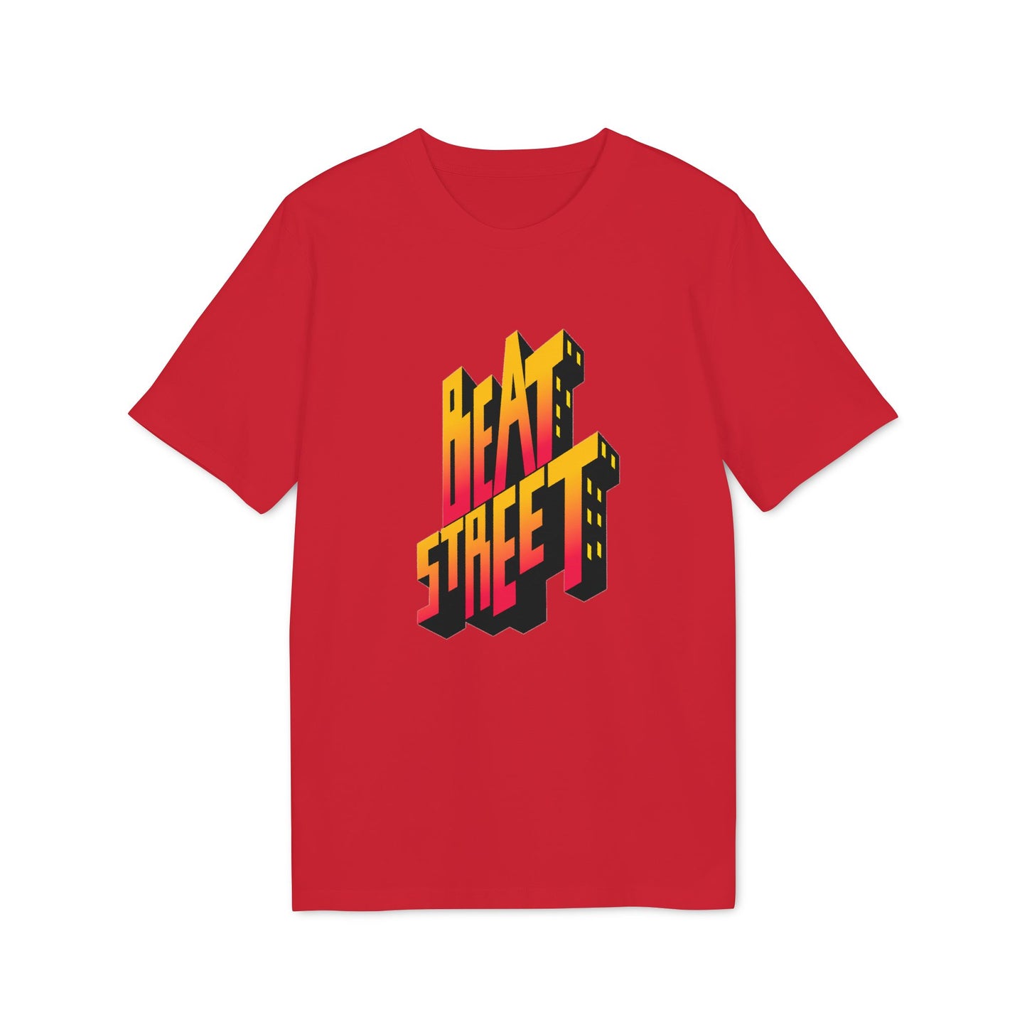 Red t-shirt with 3D block lettering spelling "BEAT STREET".