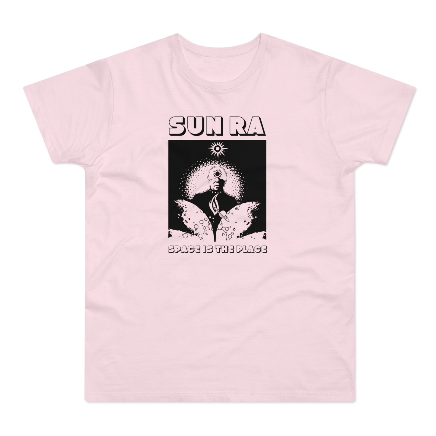 Pink t-shirt featuring "Sun Ra" and cosmic artwork with "Space is the Place" text.