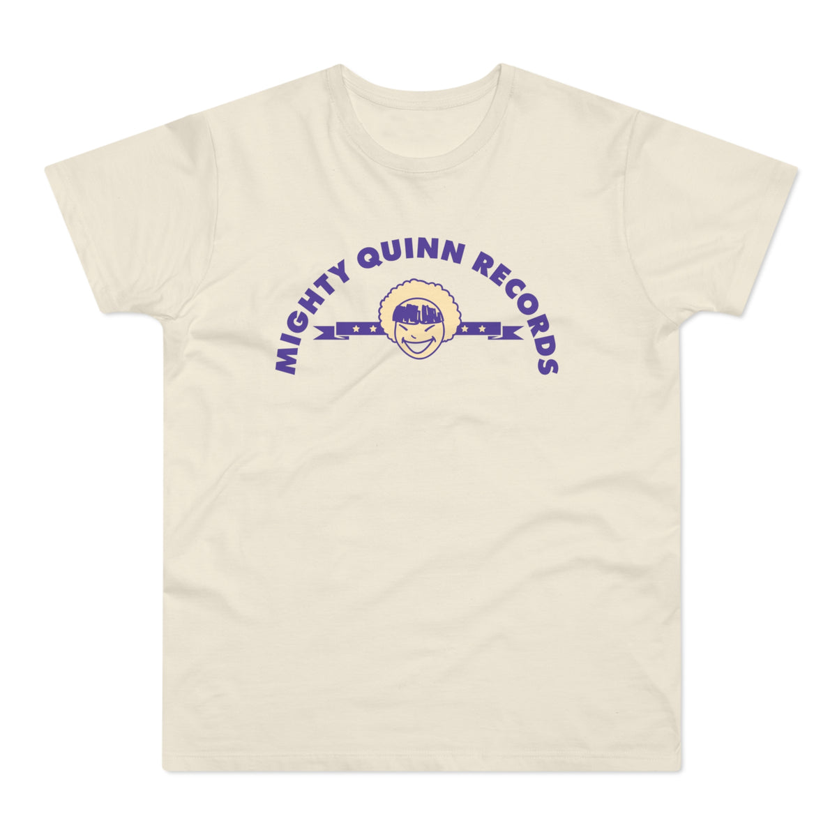 Cream t-shirt with purple "Mighty Quinn Records" text and cartoon face.