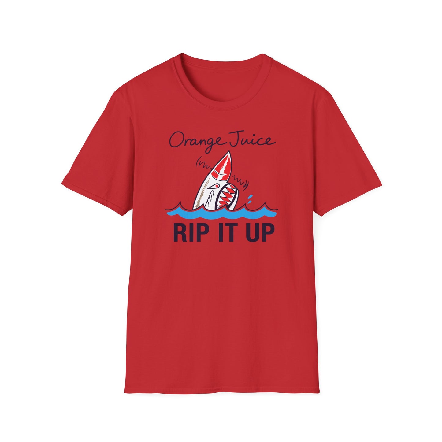 Red t-shirt with cartoon shark emerging from water, text "Orange Juice" and "RIP IT UP".