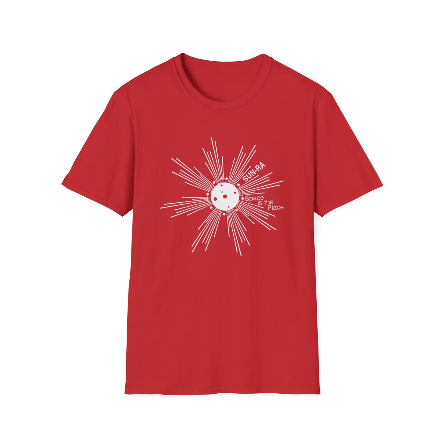 Red t-shirt with white "SUN-RA Space is the Place" graphic and sunburst.