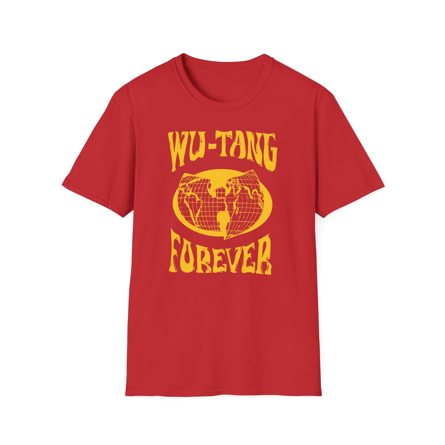 Red t-shirt with yellow Forever graphic and globe.