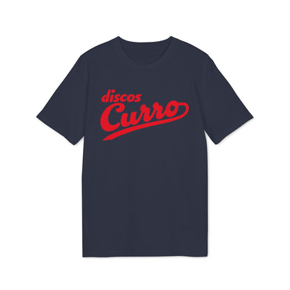 A dark navy blue short-sleeved t-shirt with red text on the front reading "discos Curro".