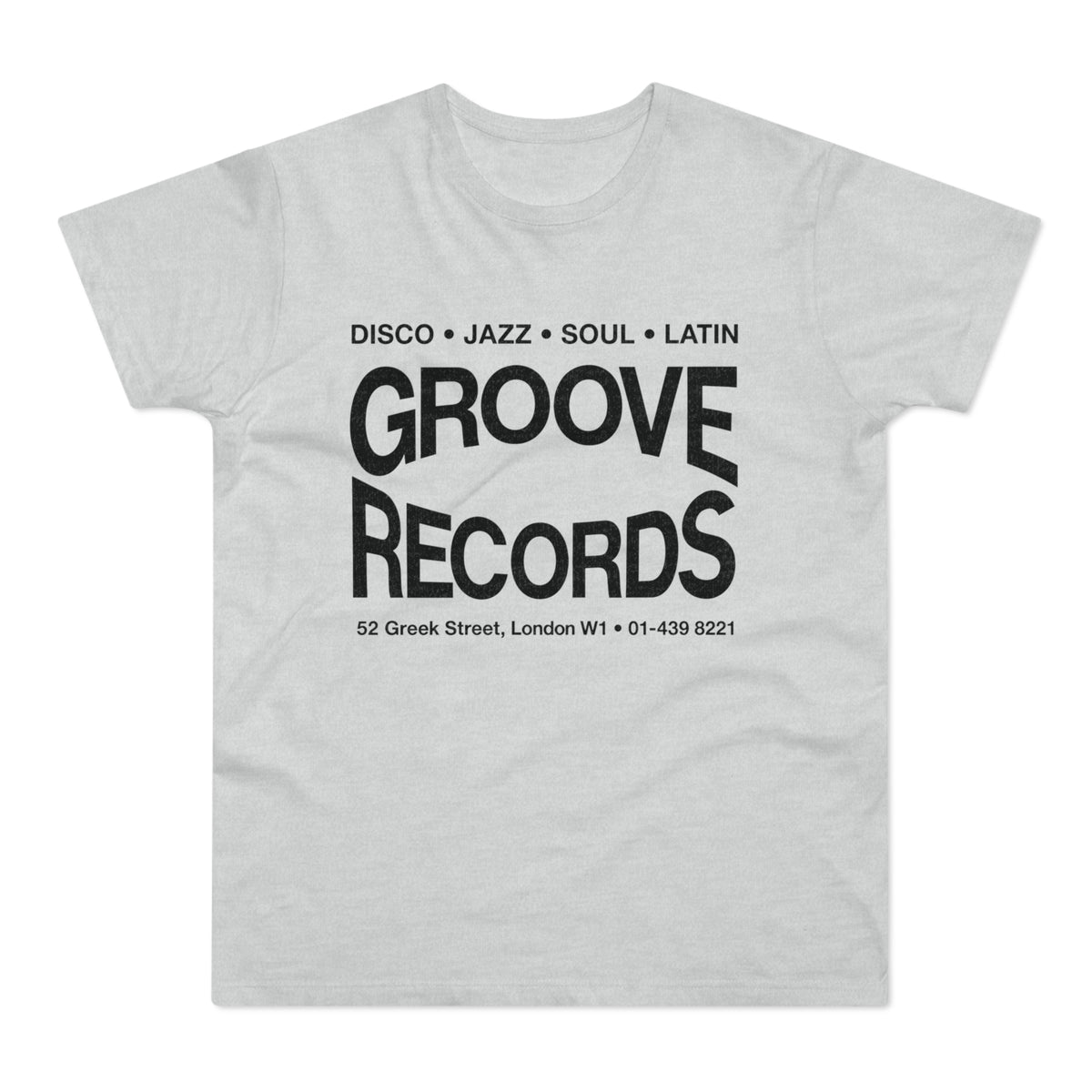 Light grey t-shirt with "Groove Records" and address printed in black.