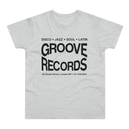 Light grey t-shirt with "Groove Records" and address printed in black.